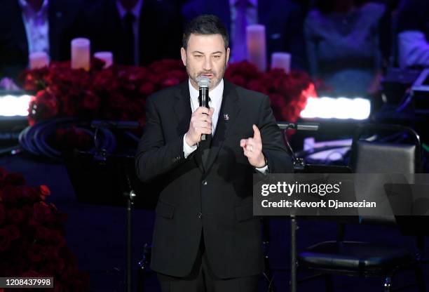 Personality Jimmy Kimmel speaks during The Celebration of Life for Kobe & Gianna Bryant at Staples Center on February 24, 2020 in Los Angeles,...