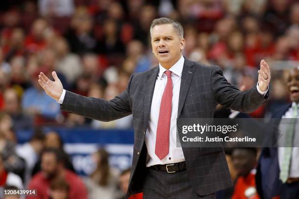 Head coach Chris Holtmann of the Ohio State Buckeyes reacts to a play in the game against the Maryland Terrapins at Value City Arena on February 23,...