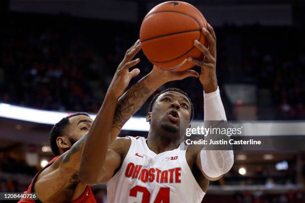 Kaleb Wesson of the Ohio State Buckeyes takes control of the ball in the game against the Maryland Terrapins at Value City Arena on February 23, 2020...