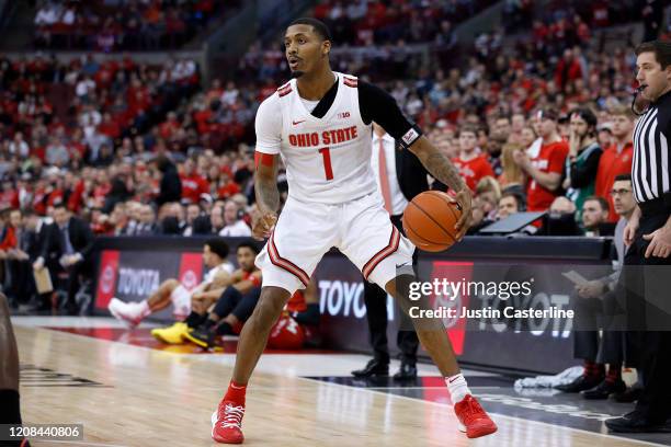 Luther Muhammad of the Ohio State Buckeyes looks to make a move in the game against the Maryland Terrapins at Value City Arena on February 23, 2020...