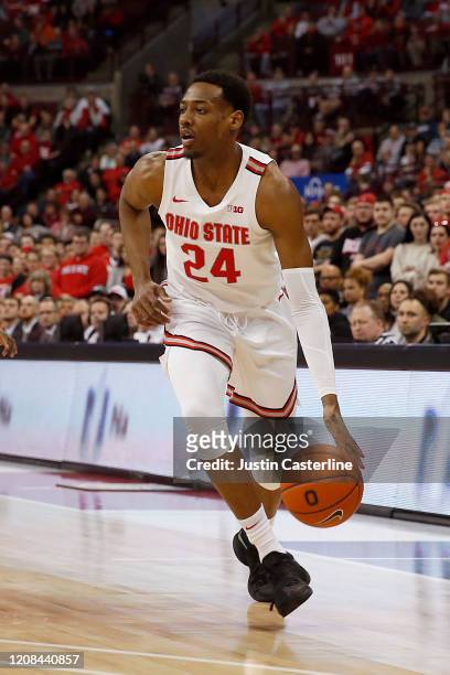 Andre Wesson of the Ohio State Buckeyes drives to the basket in the game against the Maryland Terrapins at Value City Arena on February 23, 2020 in...