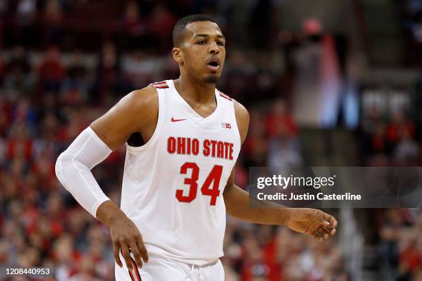 Kaleb Wesson of the Ohio State Buckeyes in action in the game against the Maryland Terrapins at Value City Arena on February 23, 2020 in Columbus,...