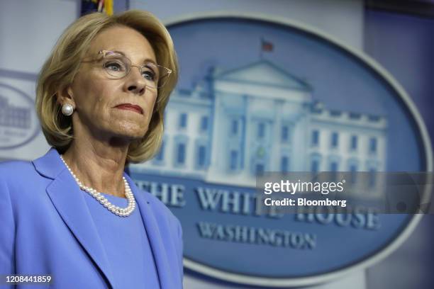 Betsy DeVos, U.S. Secretary of education, listens during a Coronavirus Task Force news conference at the White House in Washington, D.C., U.S., on...