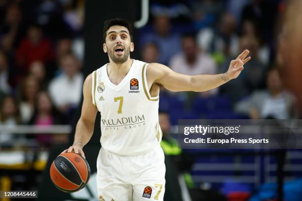 Facundo Campazzo of Real Madrid gestures during the EuroLeague basketball match played between Real Madrid Baloncesto and Panathinaikos BC at Wizink...