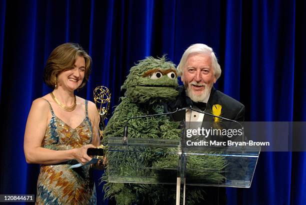 Cheryl Henson with Oscar the Grouch and Caroll Spinney, Recipient of the Lifetime Achievement Award at the 33rd Annual Creative Arts EMMY Awards