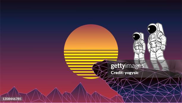 vektor 1980er jahre stil astronaut team in vaporwave hintergrund stock illustration - space suit stock-grafiken, -clipart, -cartoons und -symbole