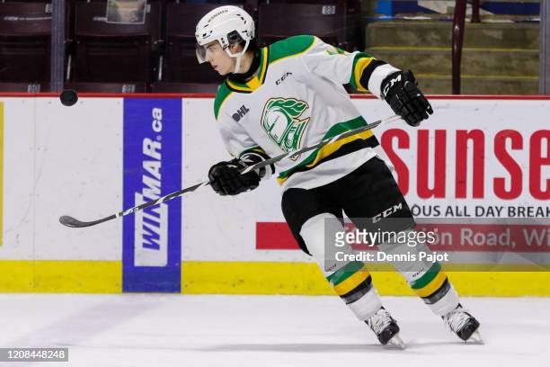 Forward Antonio Stanges of the London Knights skates prior to a game against the Windsor Spitfires at WFCU Centre on February 20, 2020 in Windsor,...