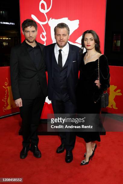 Robert Finster, showrunner Marvin Kren and Ella Rumpf attend the Netflix premiere of "Freud" during the 70th Berlinale International Film Festival...