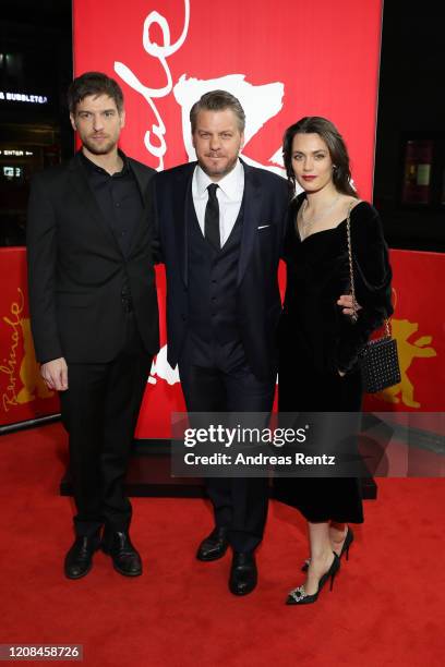 Robert Finster, showrunner Marvin Kren and Ella Rumpf attend the Netflix premiere of "Freud" during the 70th Berlinale International Film Festival...