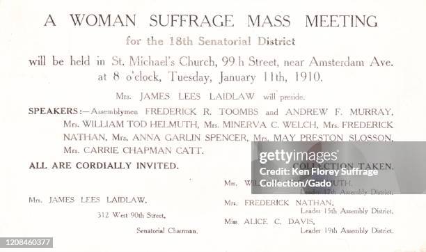 Suffrage postcard advertising a Woman Suffrage Mass Meeting, featuring speakers Carrie Chapman Catt and Mrs James Laidlaw, at Saint Michael's Church,...