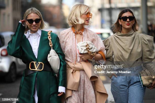 Karin Teigl, Viktoria Rader and Aylin Koenig are seen before Sportmax during Milan Fashion Week Fall/Winter 2020-2021 on February 21, 2020 in Milan,...