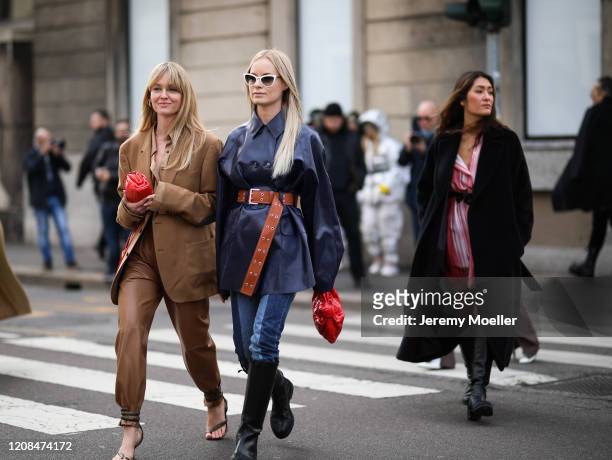 Jeanette Madsen and Thora Valdimars are seen before Sportmax during Milan Fashion Week Fall/Winter 2020-2021 on February 21, 2020 in Milan, Italy.