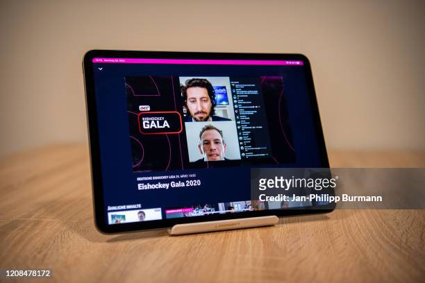 Patrick Ehelechner and Maury Edwards , best defender, during the Telekom Magenta Sport Livestream of the DEL Awards 2020 on March 28, 2020 in Germany.