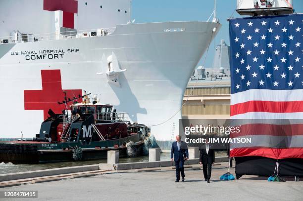 President Donald Trump and Defense Secretary Mark Esper, arrive to speak during the departure ceremony for the hospital ship USNS Comfort at Naval...