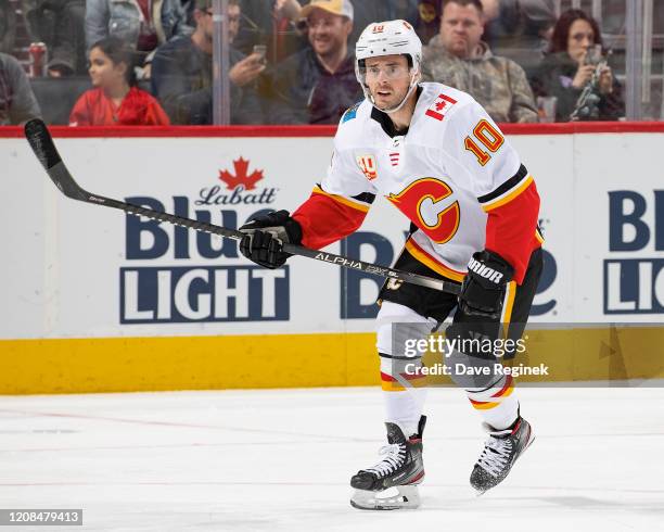Derek Ryan of the Calgary Flames follows the play against the Detroit Red Wings during an NHL game at Little Caesars Arena on February 23, 2020 in...