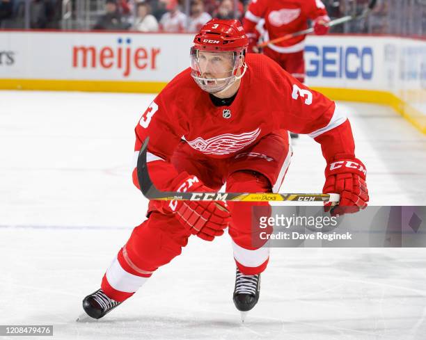 Alex Biega of the Detroit Red Wings skates up ice against the Calgary Flames during an NHL game at Little Caesars Arena on February 23, 2020 in...