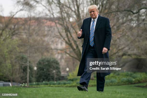 President Donald Trump arrives back to the White House on March 28, 2020 in Washington, DC. President Trump traveled to Norfolk, Virginia to attend a...