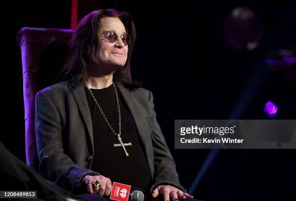 Ozzy Osbourne speaks onstage at iHeartRadio ICONS with Ozzy Osbourne: In Celebration of Ordinary Man at iHeartRadio Theater on February 24, 2020 in...