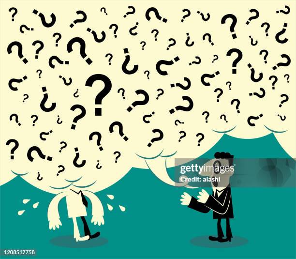 one man asks a lot of questions and another man can not stand it; one man can not understand what another man said - talking too much stock illustrations