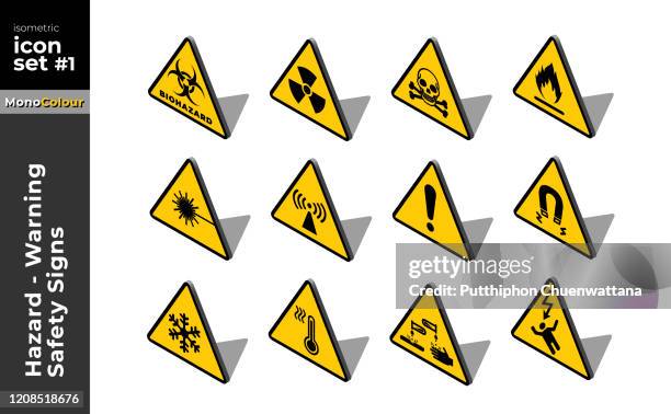 gefahrenwarnung-vorsicht sicherheitszeichen flache isometrische icon-set illustration - radioaktive strahlung stock-grafiken, -clipart, -cartoons und -symbole