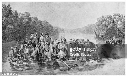 Antique illustration of important people of the past: Francis Marion crossing the Pedee