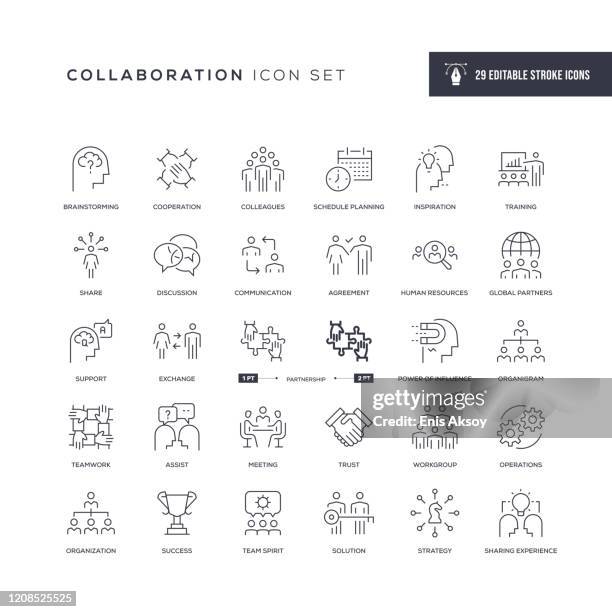 illustrazioni stock, clip art, cartoni animati e icone di tendenza di icone della linea del tratto modificabile collaborazione - saggezza