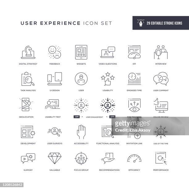 illustrazioni stock, clip art, cartoni animati e icone di tendenza di icona della linea del tratto modificabile dell'esperienza utente - customer engagement
