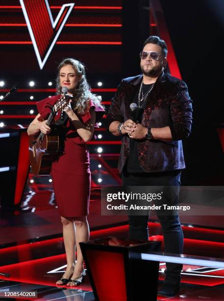 Marija Temo and Sammy Colon are seen performing on stage during Telemundo's "La Voz" Batallas Round 4 at Cisneros Studios on March 29, 2020 in Miami,...