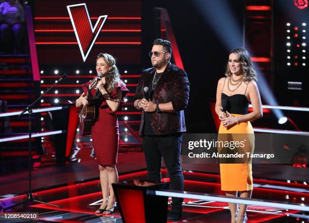 Marija Temo, Sammy Colon and Jacky Bracamontes are seen on stage during Telemundo's "La Voz" Batallas Round 4 at Cisneros Studios on March 29, 2020...