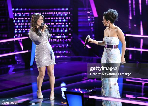 Emily Piriz and Alejandra Mor are seen performing on stage during Telemundo's "La Voz" Batallas Round 4 at Cisneros Studios on March 29, 2020 in...