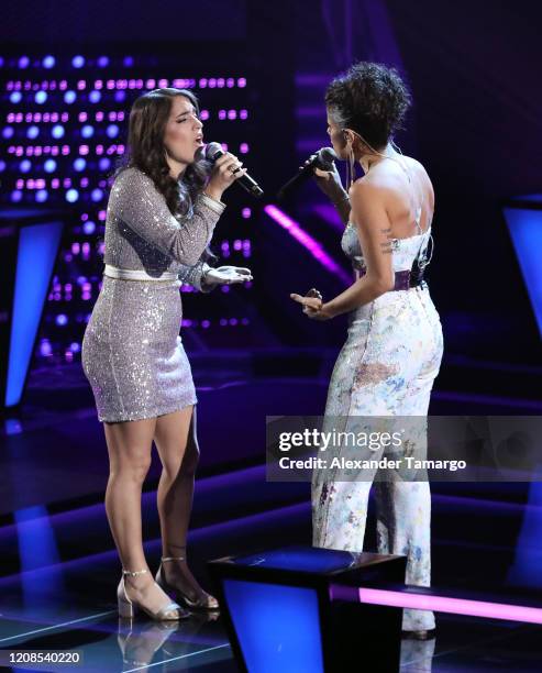 Emily Piriz and Alejandra Mor are seen performing on stage during Telemundo's "La Voz" Batallas Round 4 at Cisneros Studios on March 29, 2020 in...