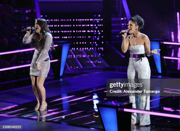 Emily Piriz and Alejandra Mor are seen performing on stage during Telemundo's "La Voz" Batallas Round 4 at Cisneros Studios on March 29, 2020 in...