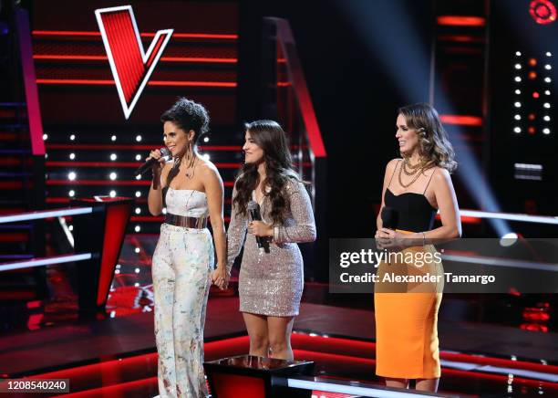 Alejandra Mor, Emily Piriz and Jacky Bracamontes are seen on stage during Telemundo's "La Voz" Batallas Round 4 at Cisneros Studios on March 29, 2020...