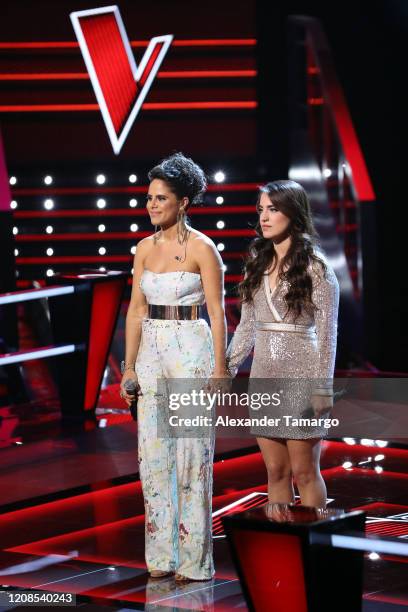 Alejandra Mor and Emily Piriz are seen performing on stage during Telemundo's "La Voz" Batallas Round 4 at Cisneros Studios on March 29, 2020 in...