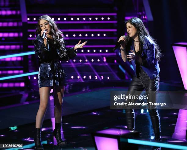 Karen Galera and Diana Sofia Chiriboga are seen performing on stage during Telemundo's "La Voz" Batallas Round 4 at Cisneros Studios on March 29,...