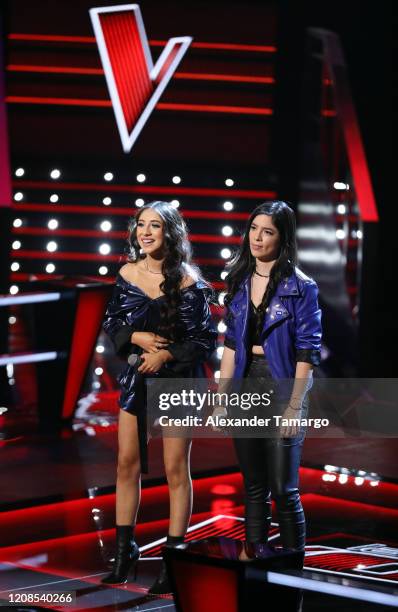 Karen Galera and Diana Sofia Chiriboga are seen performing on stage during Telemundo's "La Voz" Batallas Round 4 at Cisneros Studios on March 29,...