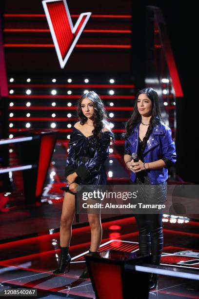 Karen Galera and Diana Sofia Chiriboga are seen performing on stage during Telemundo's "La Voz" Batallas Round 4 at Cisneros Studios on March 29,...