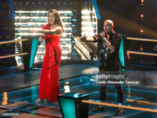 Eliana Sasic and Jose Palacios are seen performing on stage during Telemundo's "La Voz" Batallas Round 4 at Cisneros Studios on March 29, 2020 in...