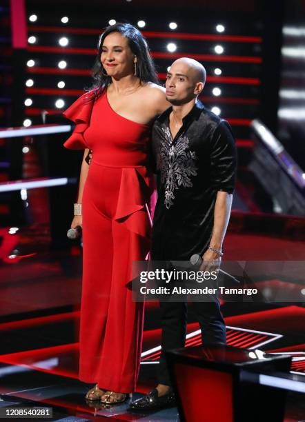 Eliana Sasic and Jose Palacios are seen performing on stage during Telemundo's "La Voz" Batallas Round 4 at Cisneros Studios on March 29, 2020 in...