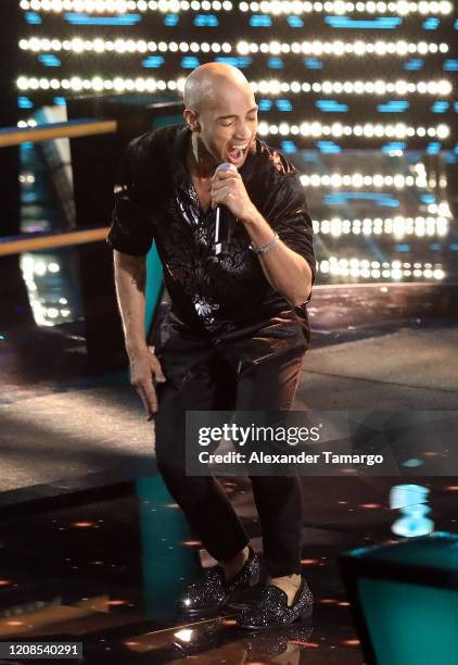 Jose Palacios is seen performing on stage during Telemundo's "La Voz" Batallas Round 4 at Cisneros Studios on March 29, 2020 in Miami, Florida.