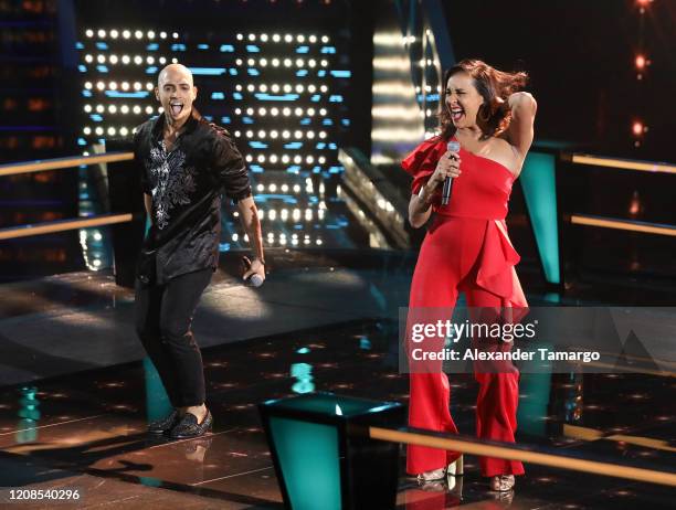 Jose Palacios and Eliana Sasic are seen performing on stage during Telemundo's "La Voz" Batallas Round 4 at Cisneros Studios on March 29, 2020 in...