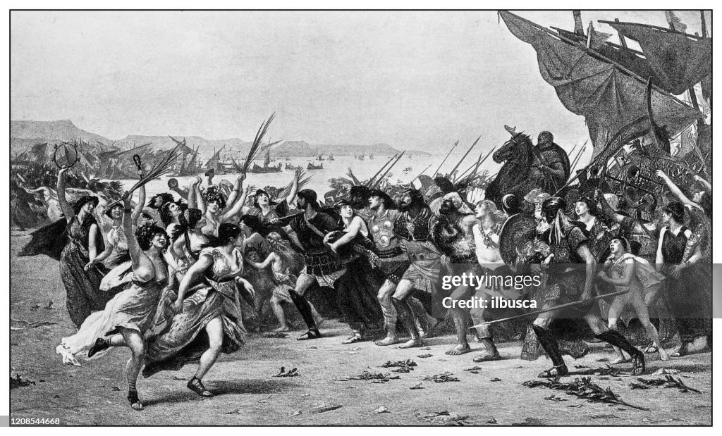 Antique illustration of important people of the past: Themistocles in the Battle of Salamis