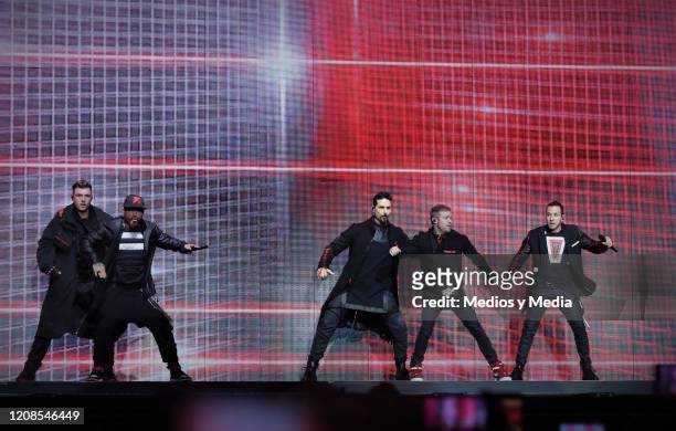 Nick Carter, AJ McLean, Kevin Richardson, Nick Litrell, and Howie Dorogh of Backstreet Boys performs during a concert at Arena Monterrey on February...