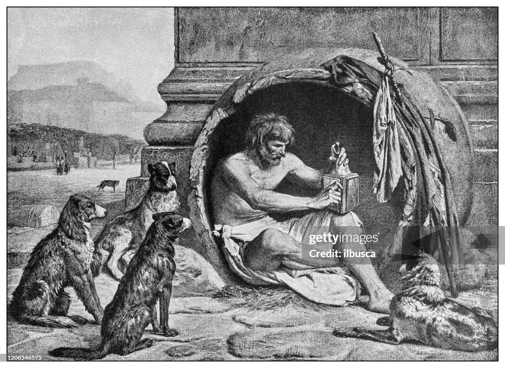 Antique illustration of important people of the past: Diogenes in his tub