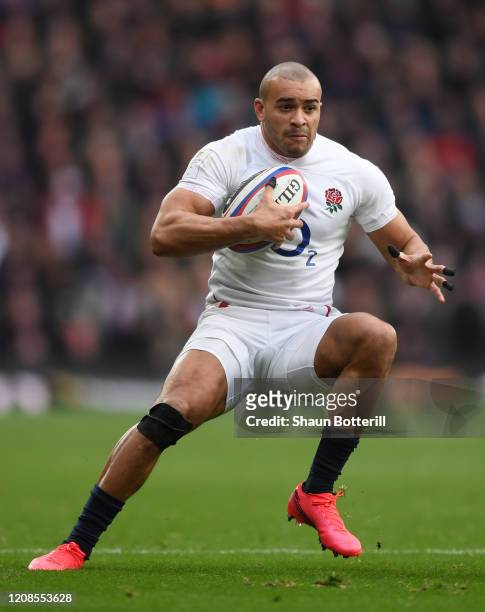 Jonathan Joseph of England runs with the ball during the 2020 Guinness Six Nations match between England and Ireland at Twickenham Stadium on...