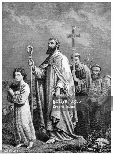 antique illustration of important people of the past: st patrick journeying to tara - saint patrick stock illustrations