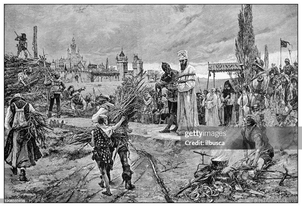 Antique illustration of important people of the past: Execution of John Huss