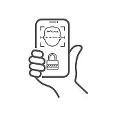 Biometric identification, face recognition system concept. Smartphone in hand scans a person face. Face ID, face recognition and scanning. Vector illustration. EPS 10