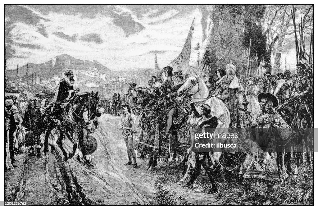 Ilustración antigua de gente importante del pasado: Fernando e Isabel de Castilla, la rendición de Granada