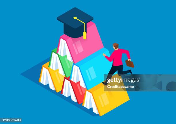 ilustraciones, imágenes clip art, dibujos animados e iconos de stock de hombre de negocios corriendo hacia la tapa de graduación en la parte superior de los libros - isometric school